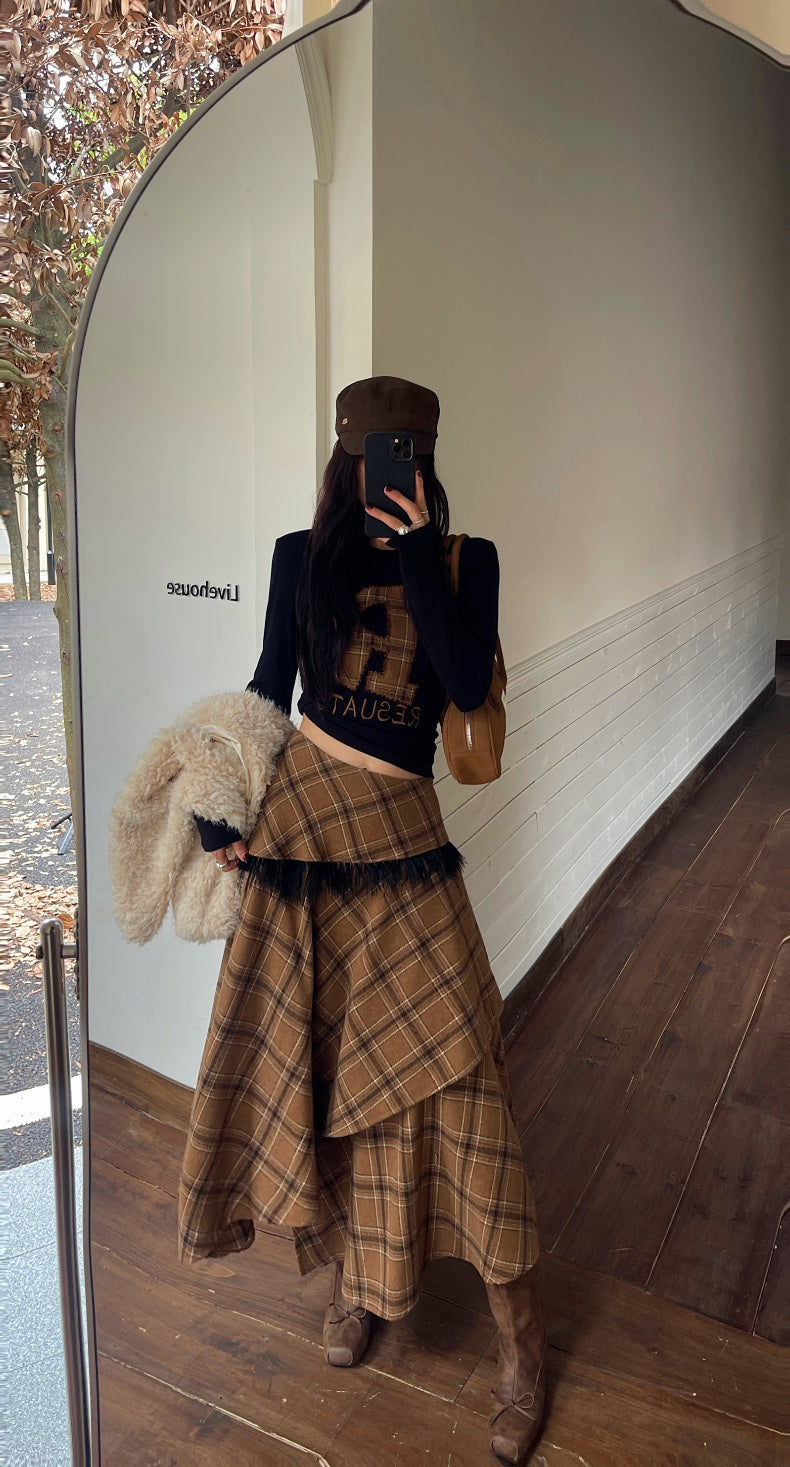 Women's Wool Blend Plaid Ruffle Midi Skirt with Fringe Trim