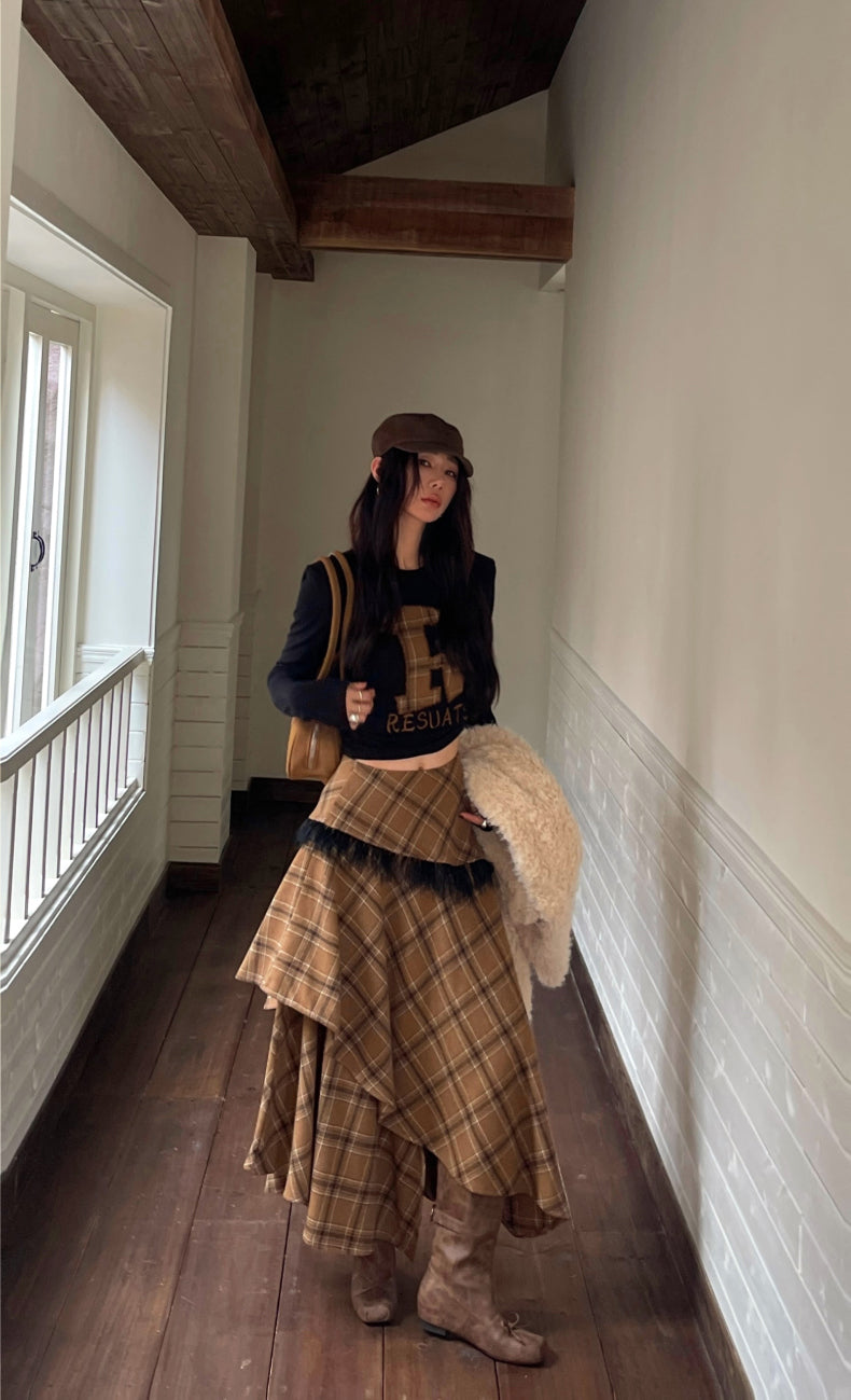 Women's Wool Blend Plaid Ruffle Midi Skirt with Fringe Trim