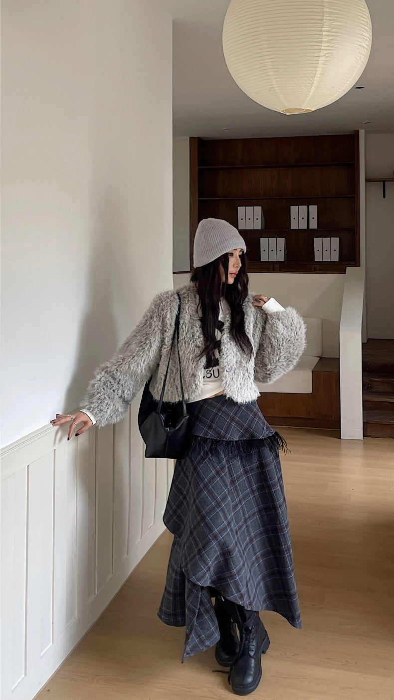 Women's Wool Blend Plaid Ruffle Midi Skirt with Fringe Trim