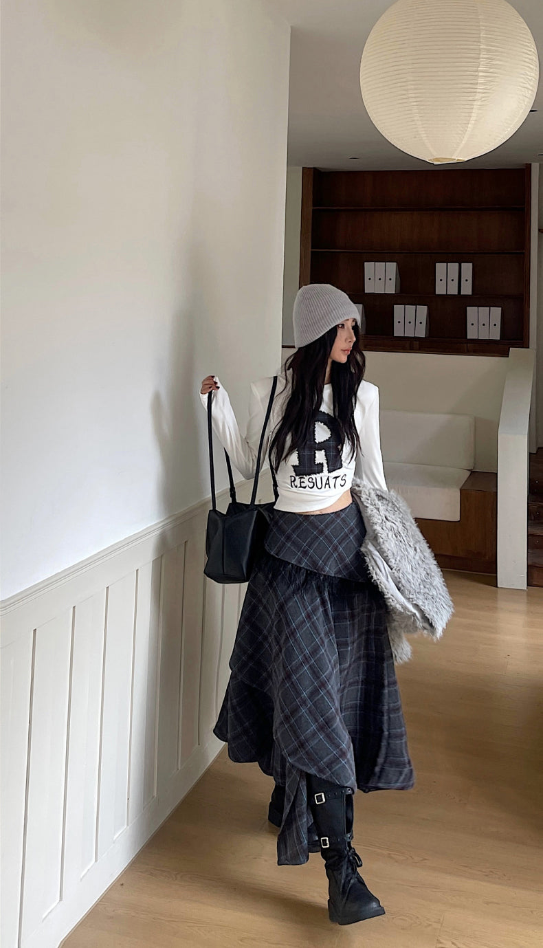 Women's Wool Blend Plaid Ruffle Midi Skirt with Fringe Trim