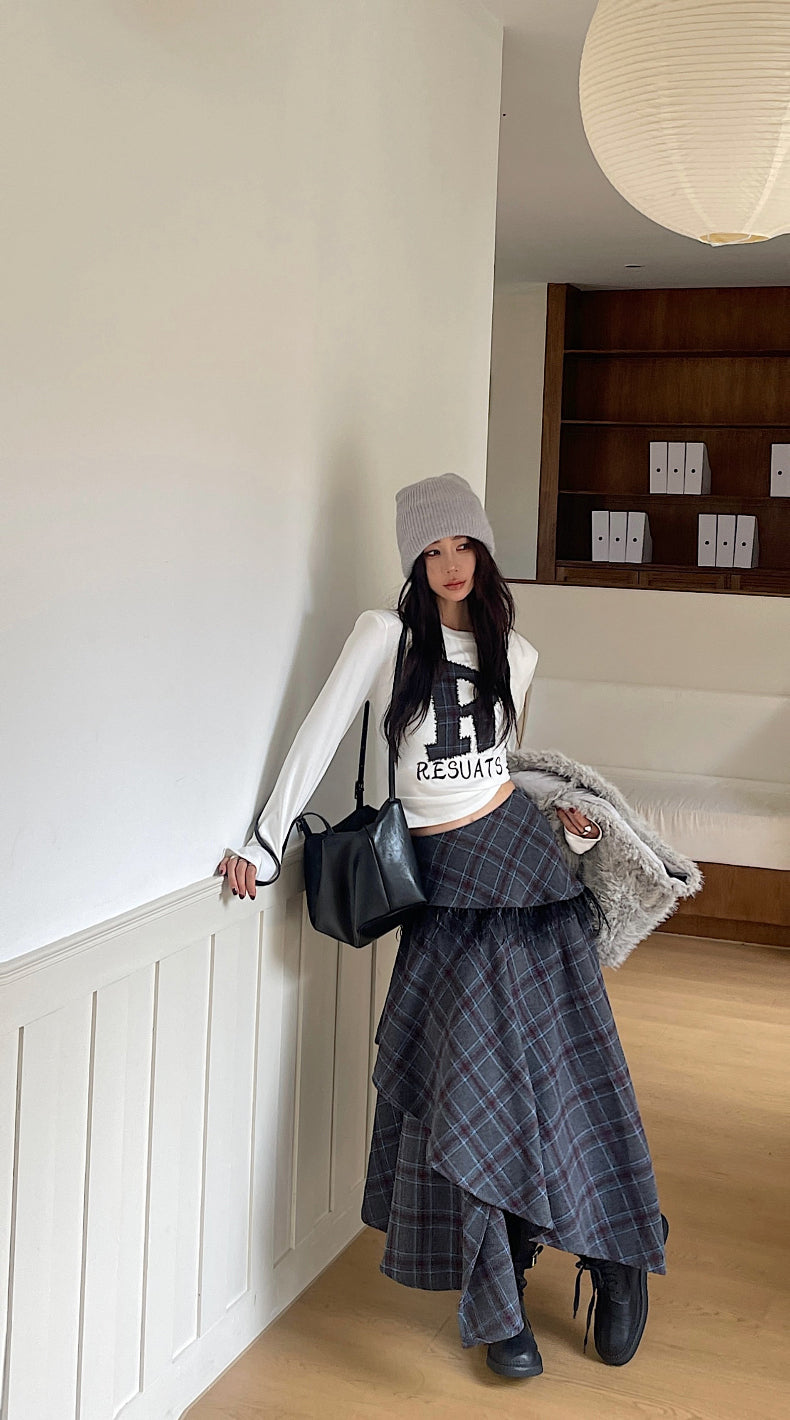 Women's Wool Blend Plaid Ruffle Midi Skirt with Fringe Trim