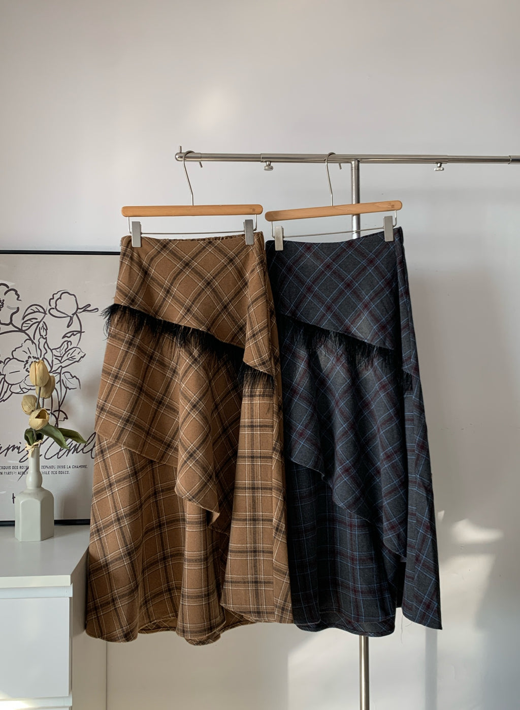 Women's Wool Blend Plaid Ruffle Midi Skirt with Fringe Trim