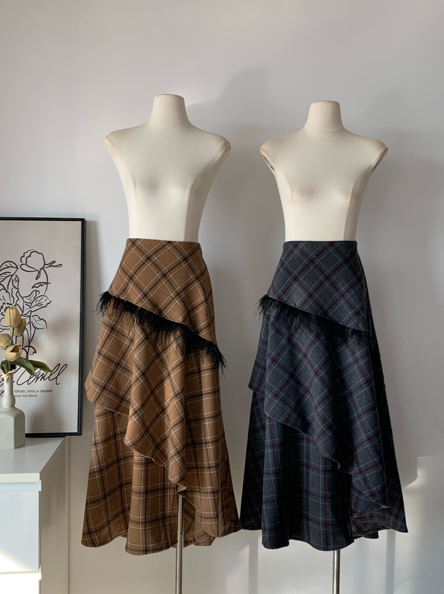 Women's Wool Blend Plaid Ruffle Midi Skirt with Fringe Trim