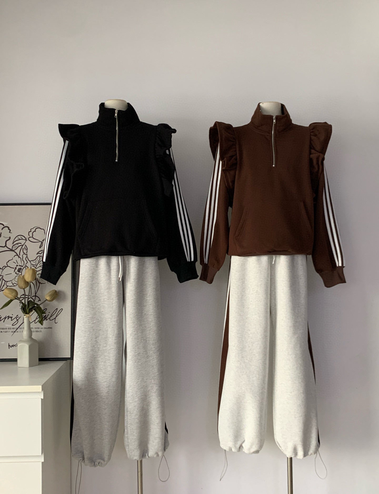 Women's Brushed Fleece Ruffle Trim Tracksuit Set