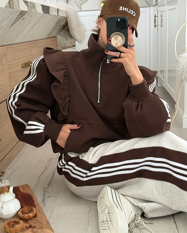 Women's Brushed Fleece Ruffle Trim Tracksuit Set