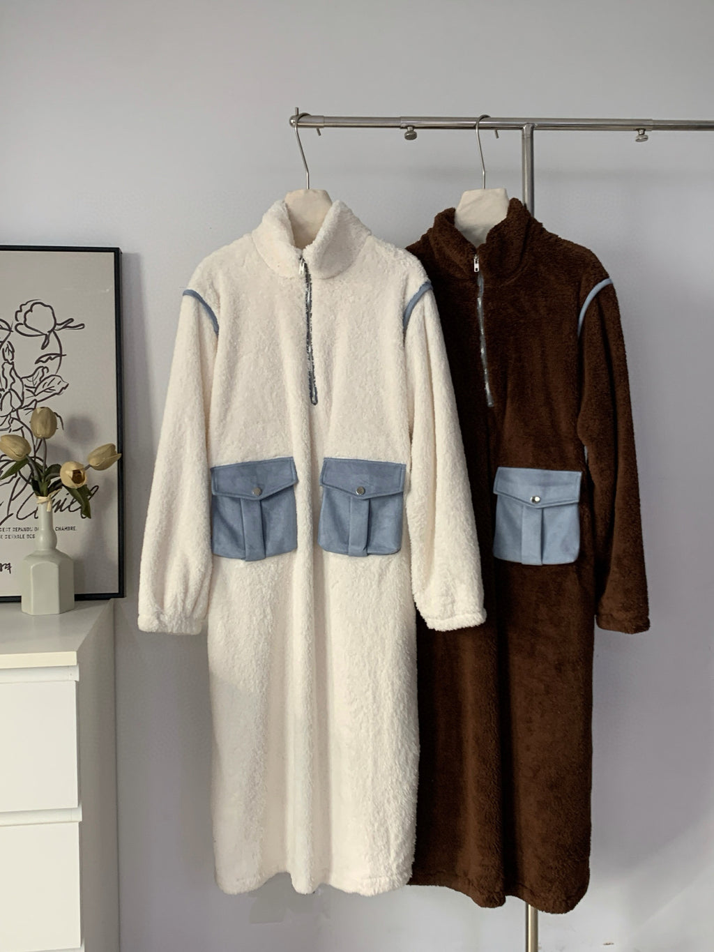 Women's Teddy Fleece Color-Block Maxi Dress with Cargo Pockets