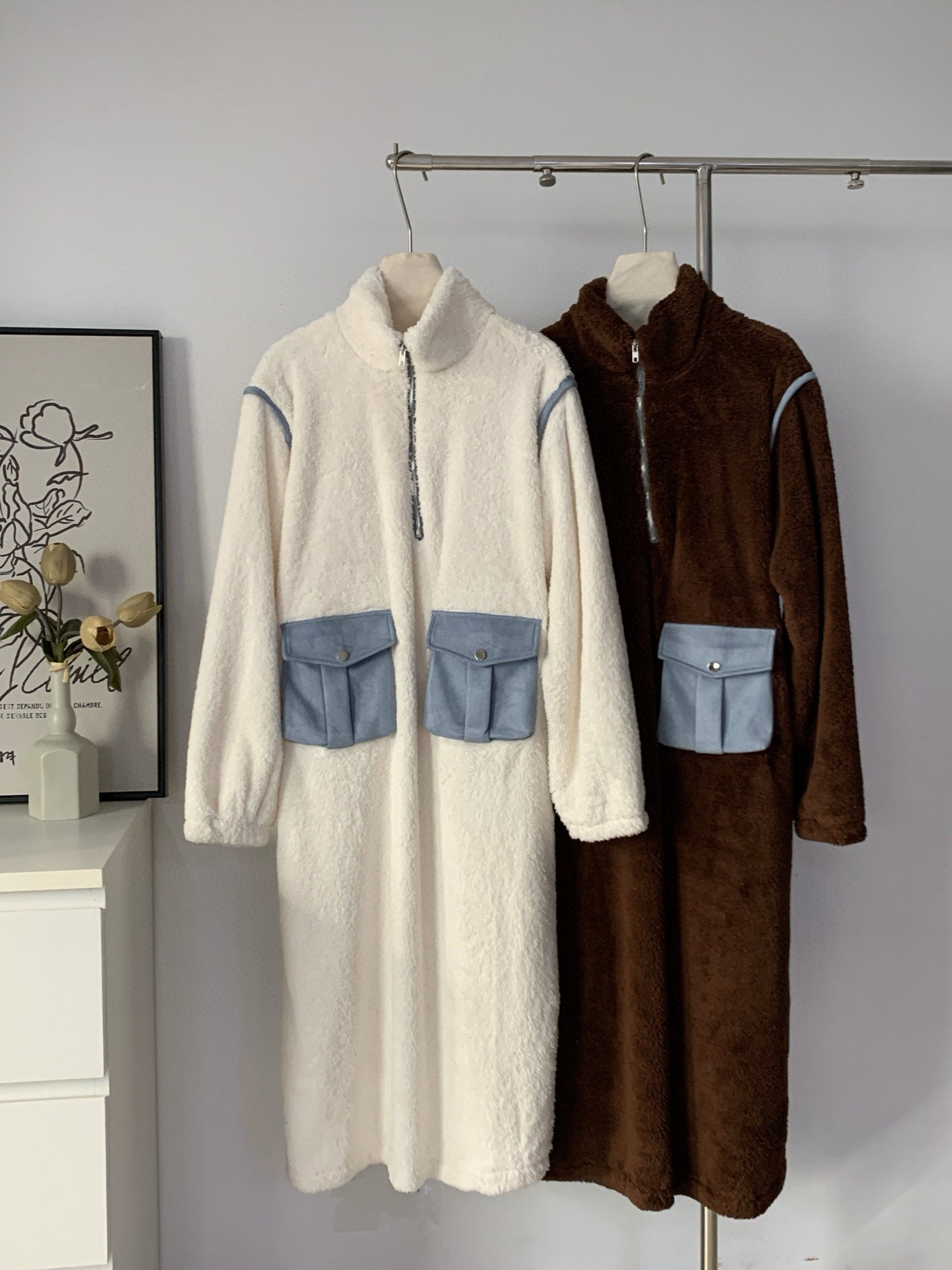 Women's Teddy Fleece Color-Block Maxi Dress with Cargo Pockets