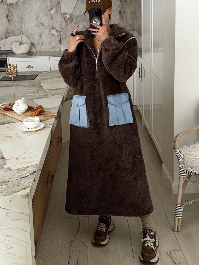 Women's Teddy Fleece Color-Block Maxi Dress with Cargo Pockets