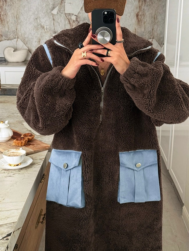 Women's Teddy Fleece Color-Block Maxi Dress with Cargo Pockets