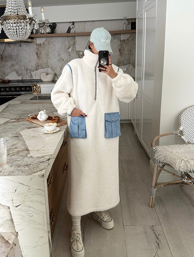 Women's Teddy Fleece Color-Block Maxi Dress with Cargo Pockets