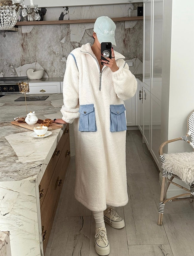 Women's Teddy Fleece Color-Block Maxi Dress with Cargo Pockets