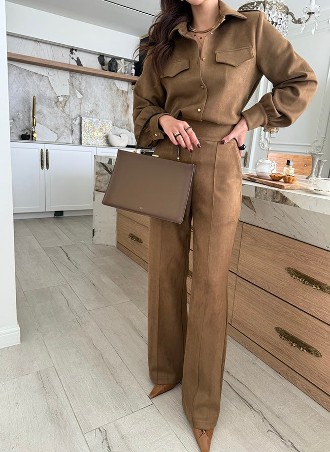 Women's Suede-Like Fleece Shirt & Wide-Leg Pants Set