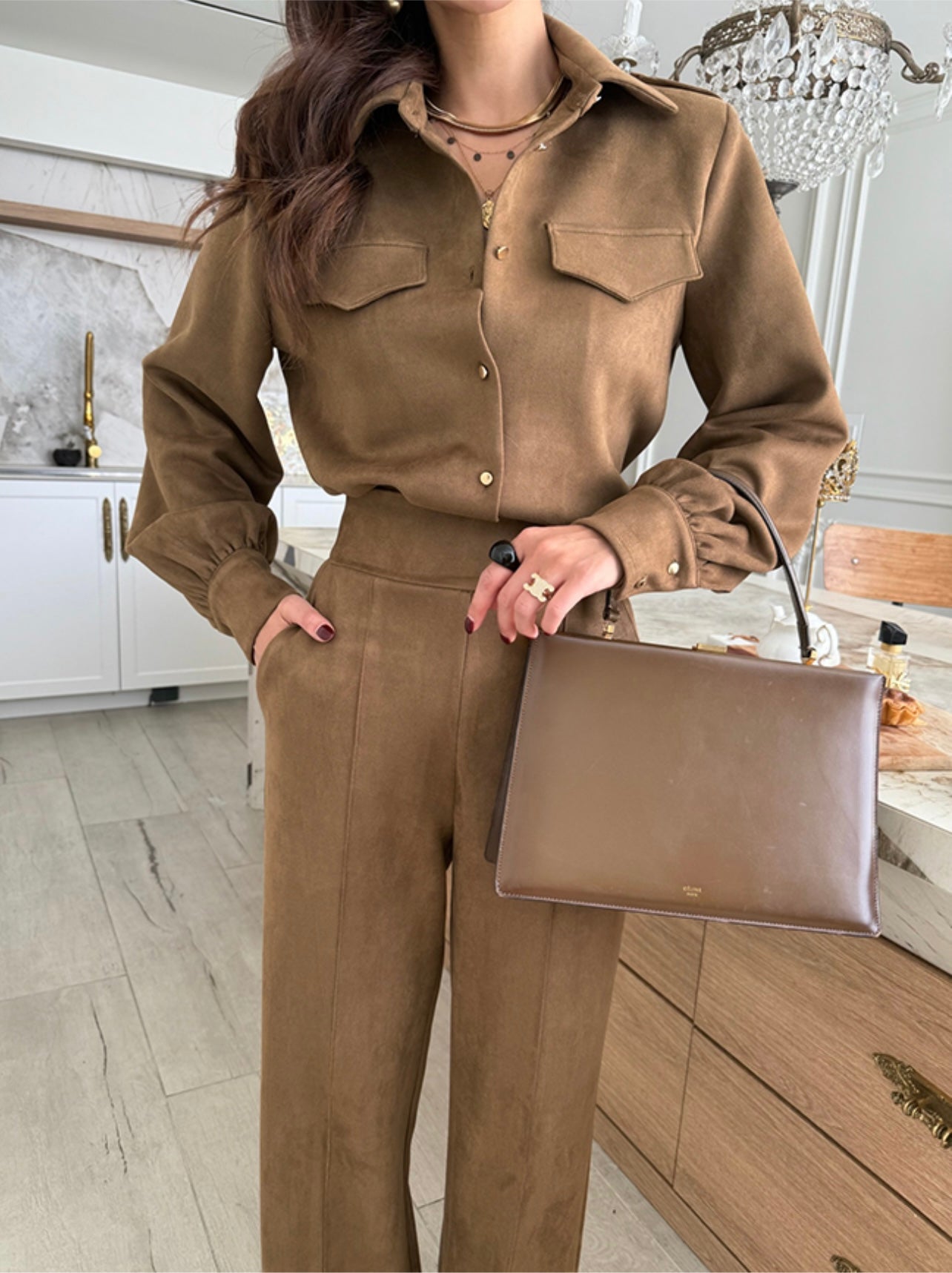 Women's Suede-Like Fleece Shirt & Wide-Leg Pants Set