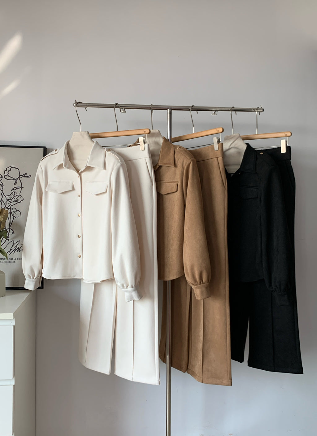 Women's Suede-Like Fleece Shirt & Wide-Leg Pants Set