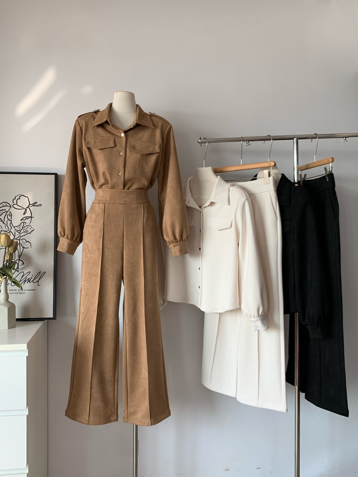 Women's Suede-Like Fleece Shirt & Wide-Leg Pants Set