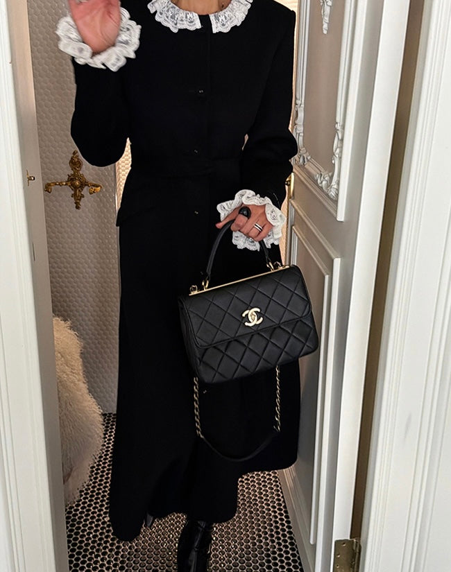 Women's Wool Blend Lace Trim Belted Midi Coat