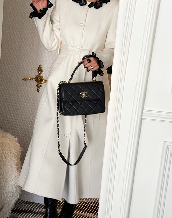 Women's Wool Blend Lace Trim Belted Midi Coat