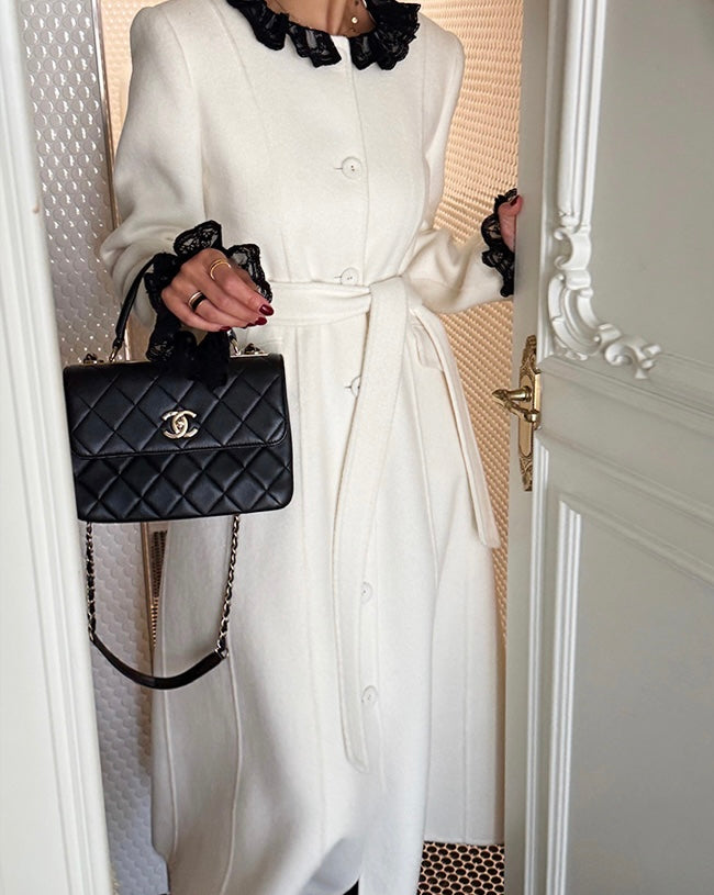 Women's Wool Blend Lace Trim Belted Midi Coat