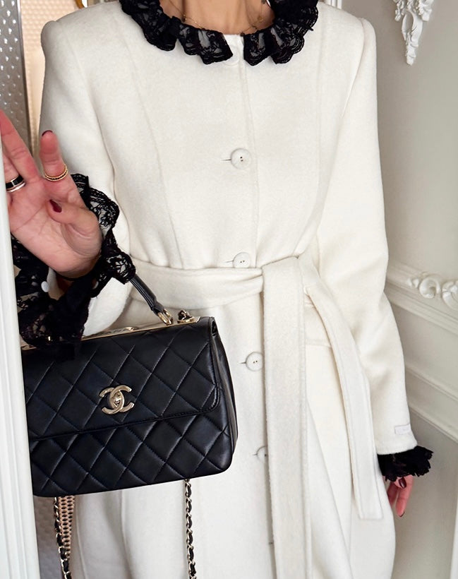 Women's Wool Blend Lace Trim Belted Midi Coat