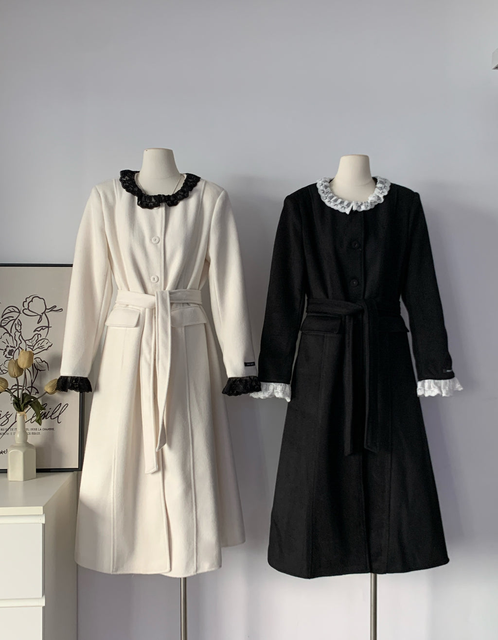 Women's Wool Blend Lace Trim Belted Midi Coat