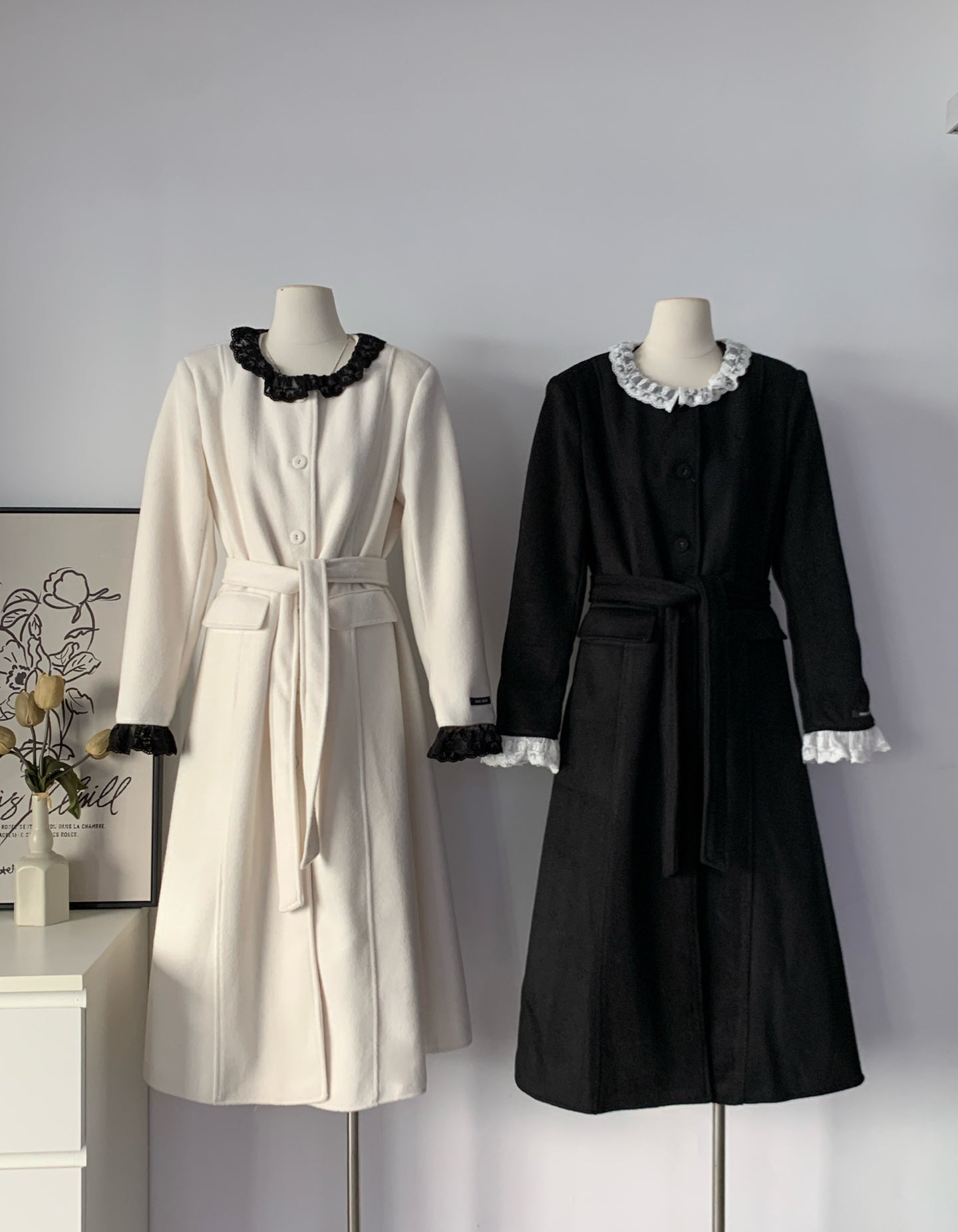 Women's Wool Blend Lace Trim Belted Midi Coat