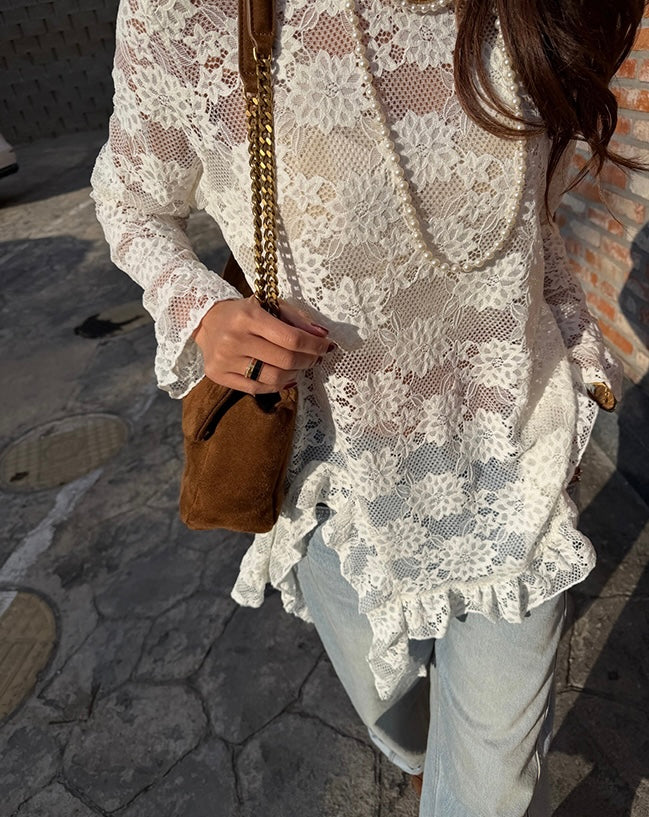 Women's Floral Lace Sheer Asymmetric Blouse