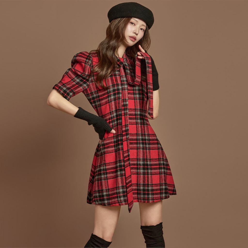 Women's Brushed Flannel Plaid Puff Sleeve Mini Dress