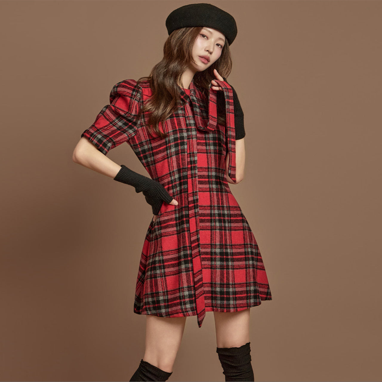 Women's Brushed Flannel Plaid Puff Sleeve Mini Dress