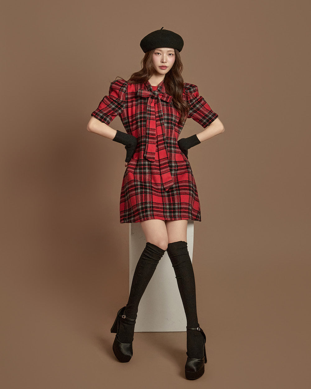 Women's Brushed Flannel Plaid Puff Sleeve Mini Dress