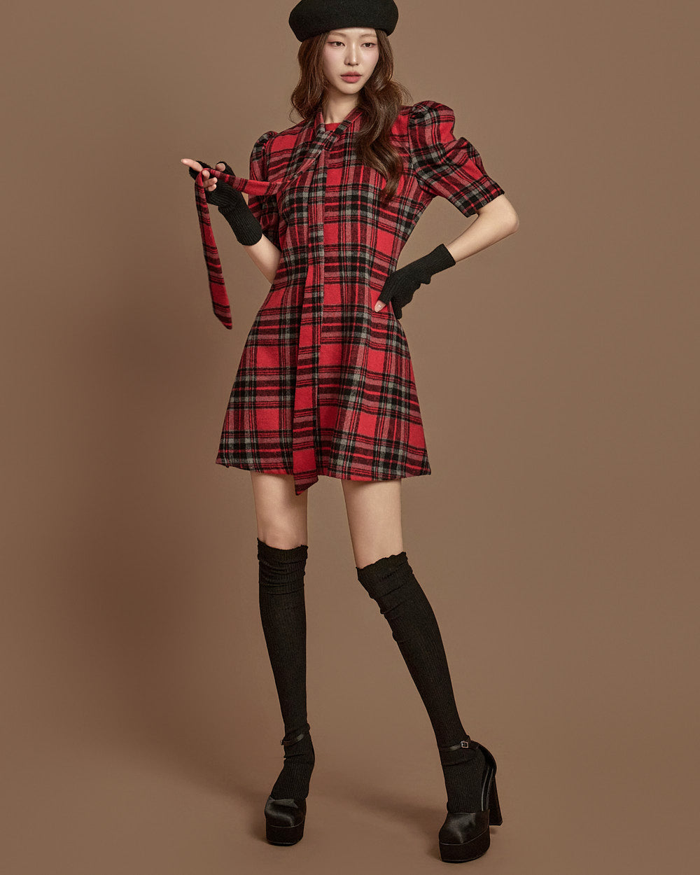 Women's Brushed Flannel Plaid Puff Sleeve Mini Dress