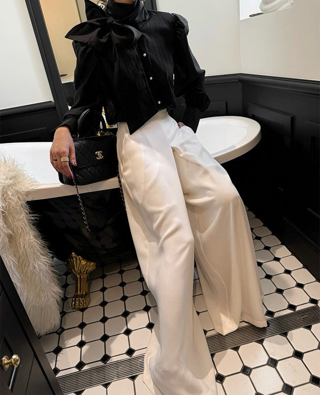 Women's Cotton Blend Bow Tie Neck Puff Sleeve Blouse