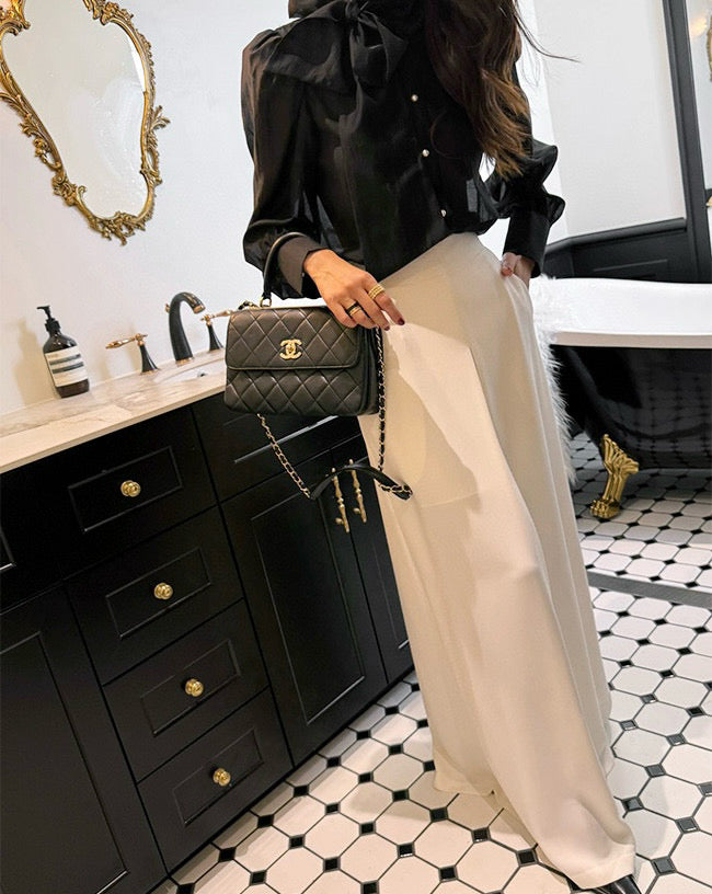 Women's Cotton Blend Bow Tie Neck Puff Sleeve Blouse