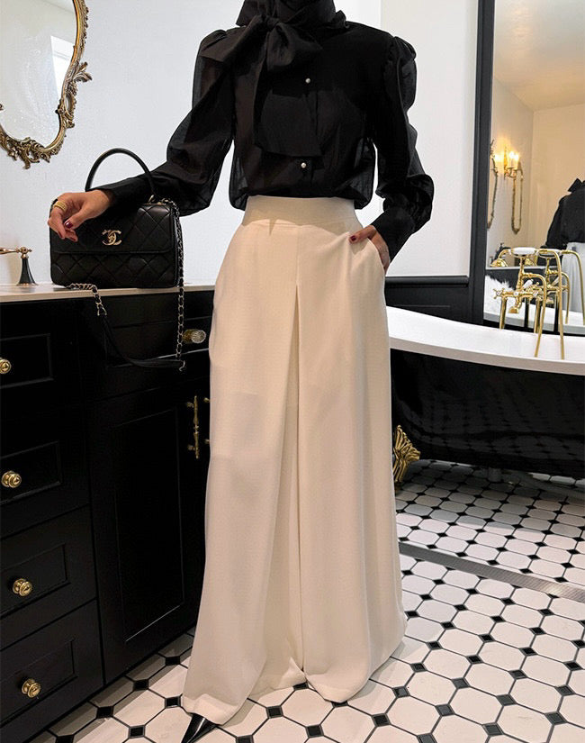 Women's Cotton Blend Bow Tie Neck Puff Sleeve Blouse