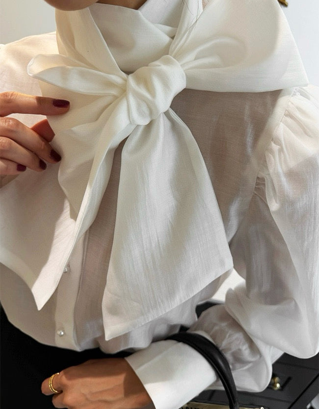 Women's Cotton Blend Bow Tie Neck Puff Sleeve Blouse