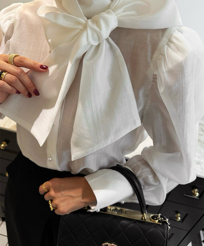 Women's Cotton Blend Bow Tie Neck Puff Sleeve Blouse