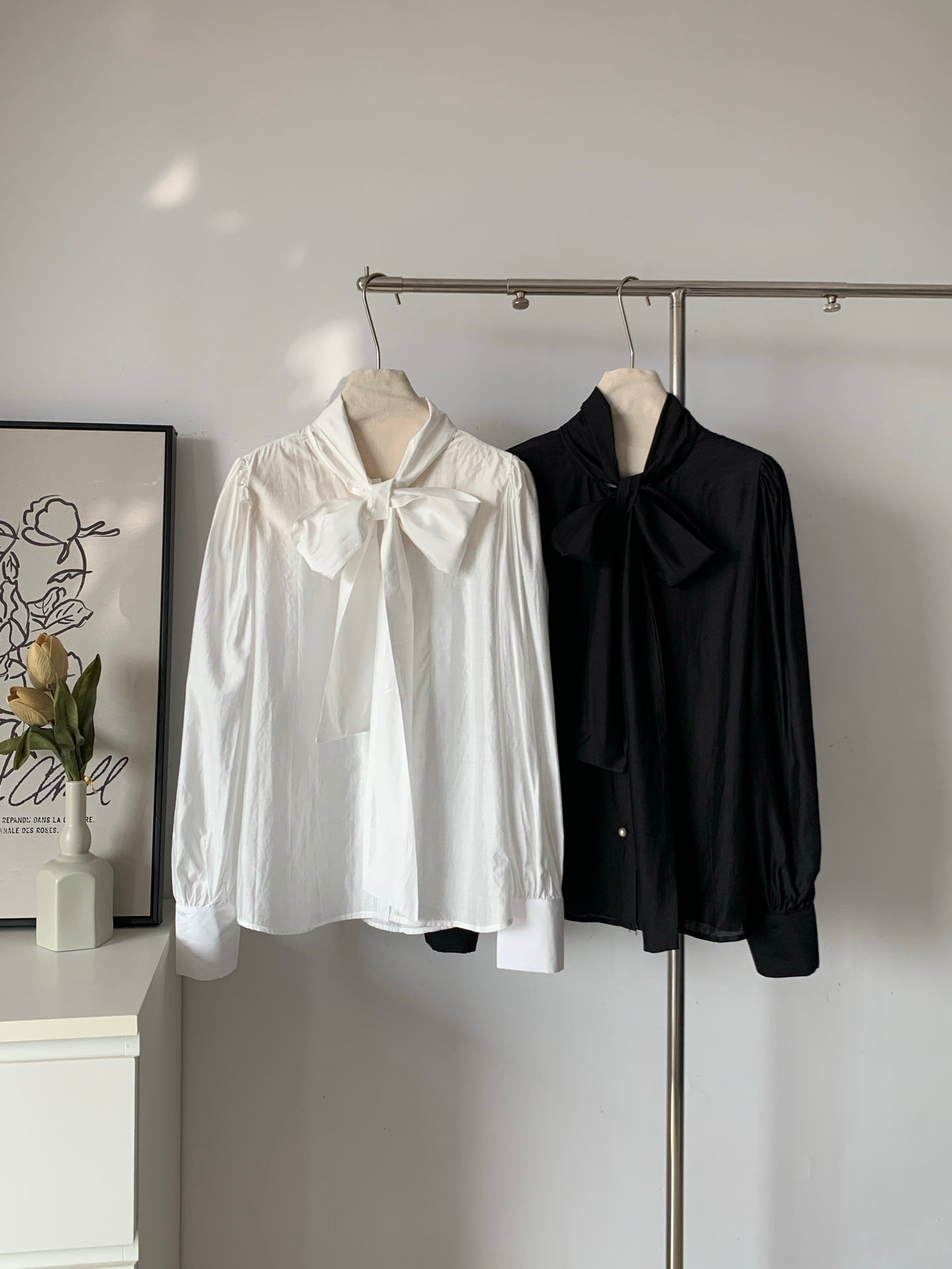 Women's Cotton Blend Bow Tie Neck Puff Sleeve Blouse