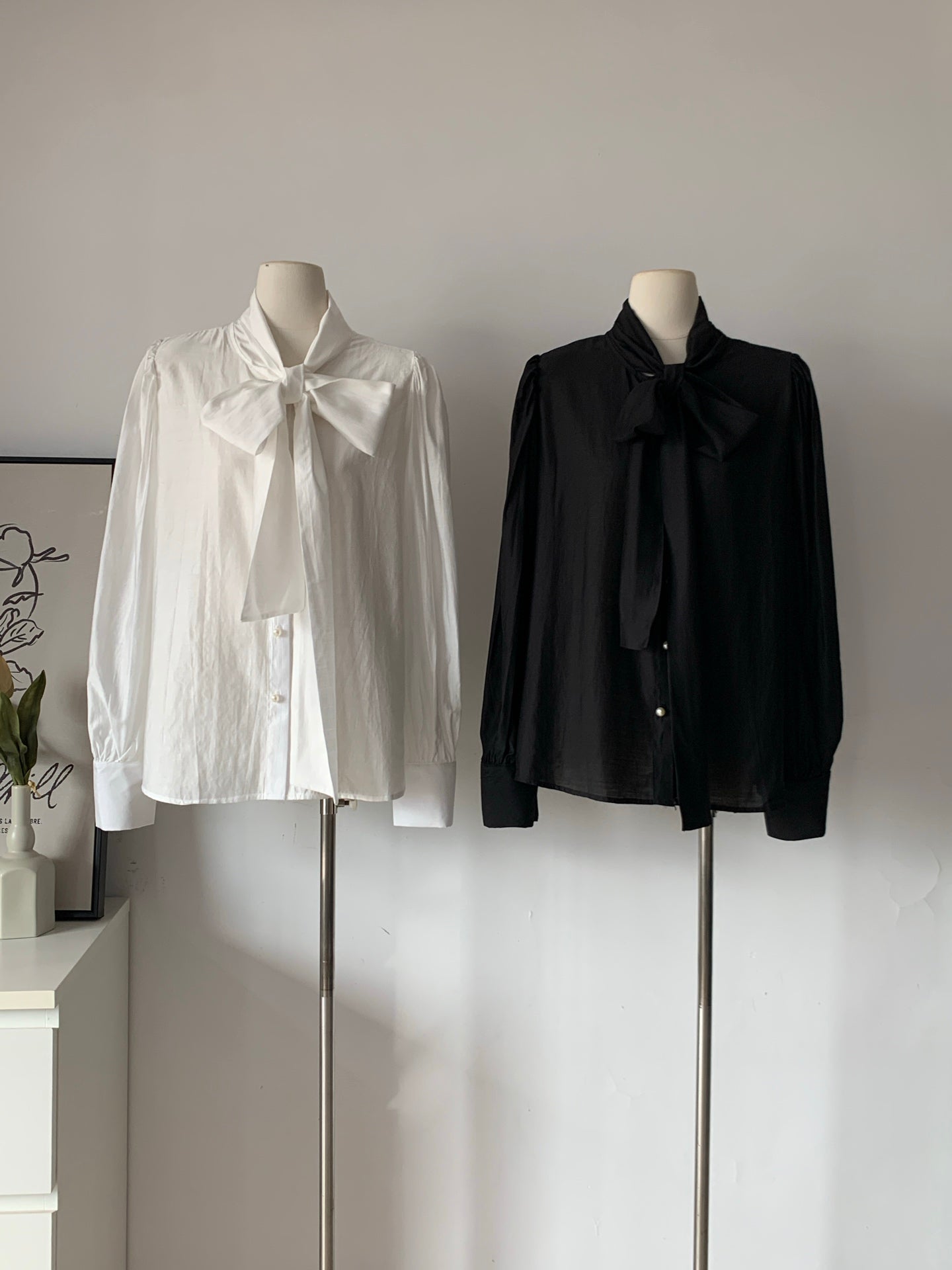 Women's Cotton Blend Bow Tie Neck Puff Sleeve Blouse