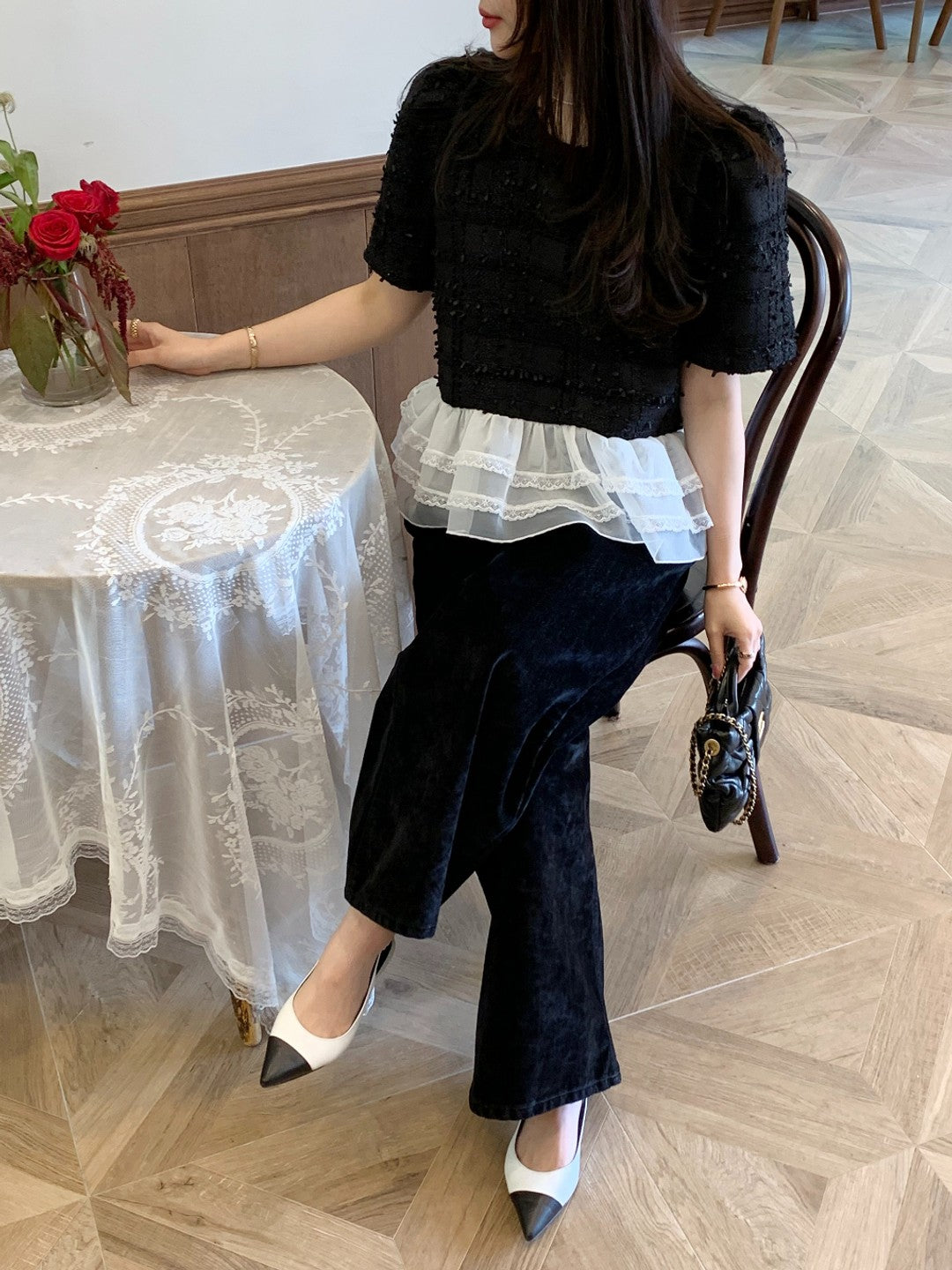 Women's Cotton Blend Bow Tie Neck Puff Sleeve Blouse