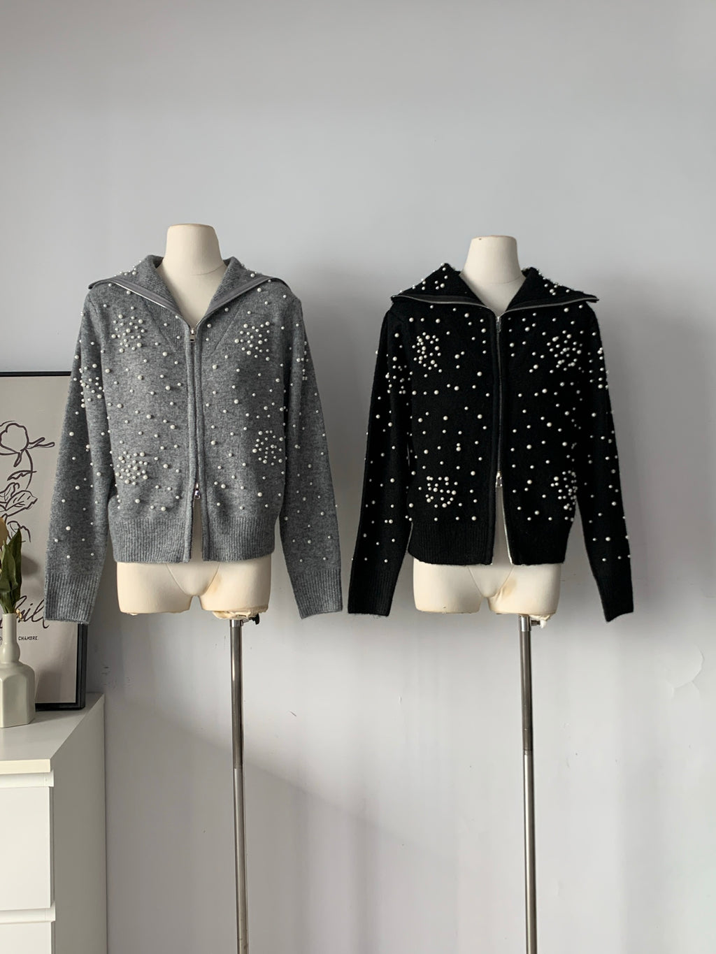 Women's Pearl Embellished Knit Hooded Zip-Up Cardigan