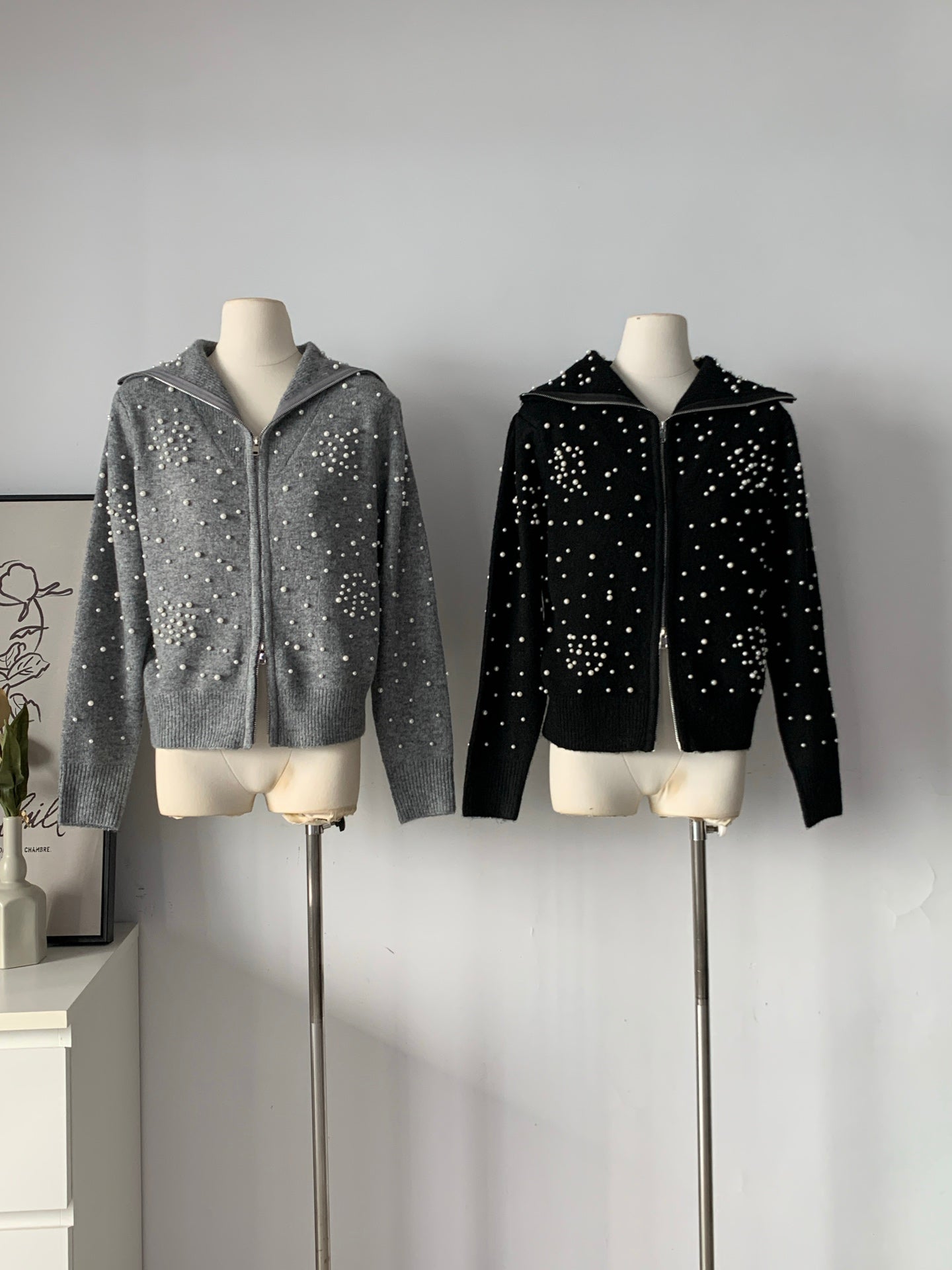 Women's Pearl Embellished Knit Hooded Zip-Up Cardigan