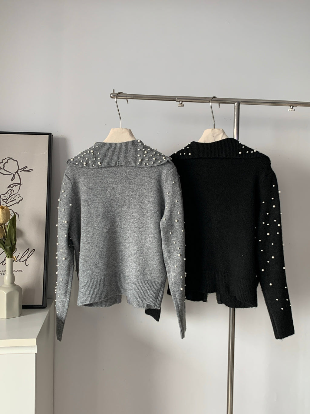 Women's Pearl Embellished Knit Hooded Zip-Up Cardigan