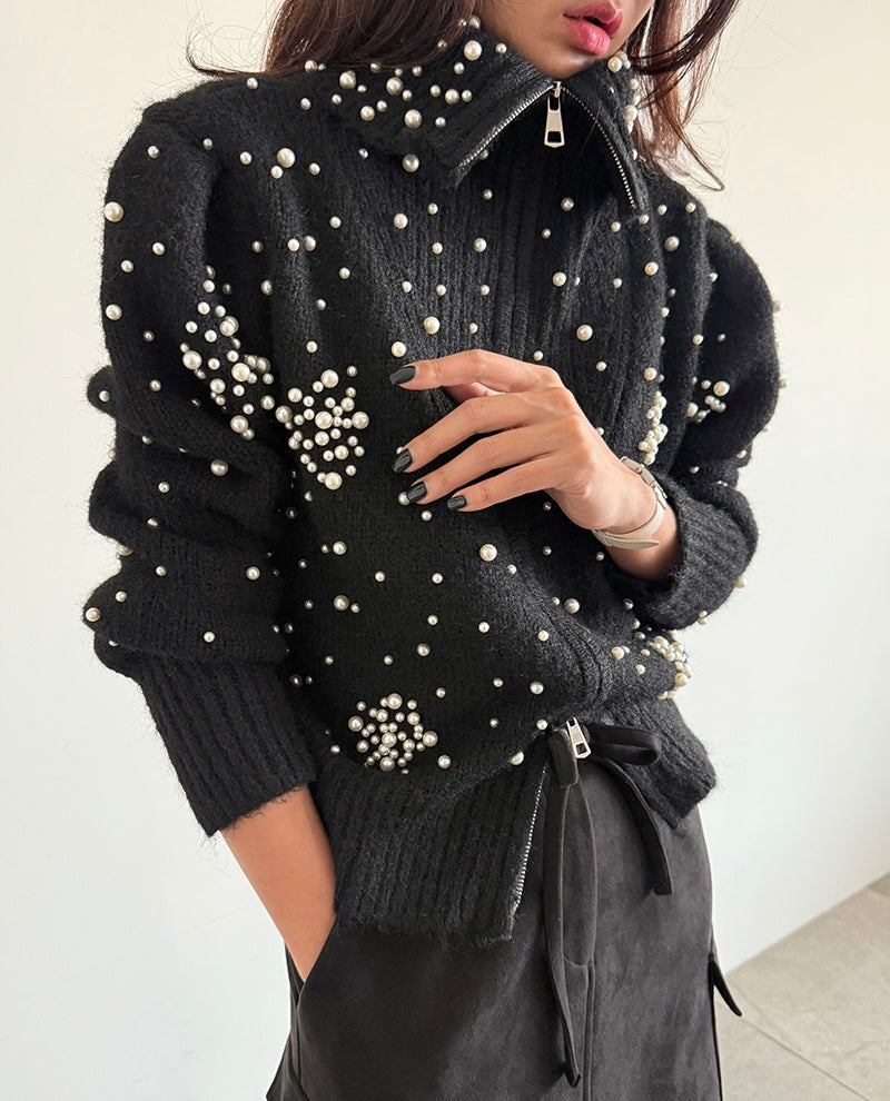 Women's Pearl Embellished Knit Hooded Zip-Up Cardigan