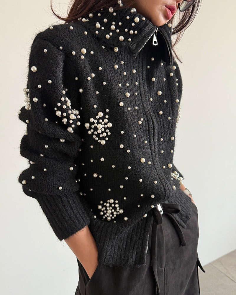 Women's Pearl Embellished Knit Hooded Zip-Up Cardigan