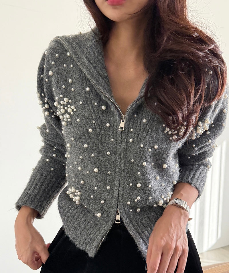 Women's Pearl Embellished Knit Hooded Zip-Up Cardigan