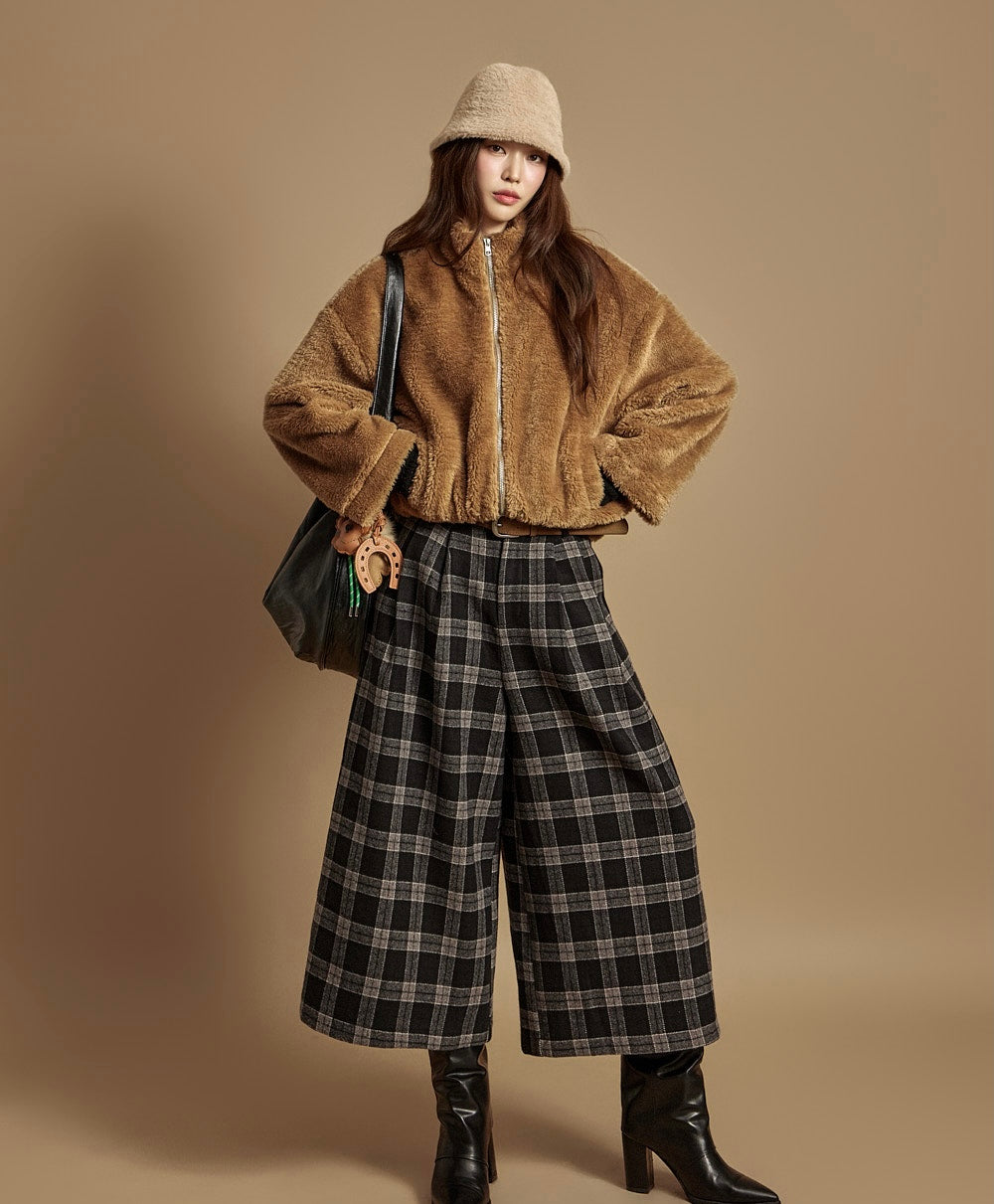 Women's Plaid Wool Blend Wide-Leg Culottes