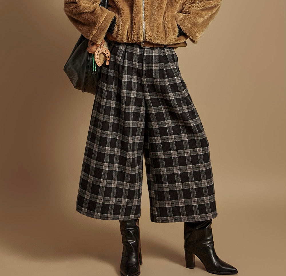Women's Plaid Wool Blend Wide-Leg Culottes