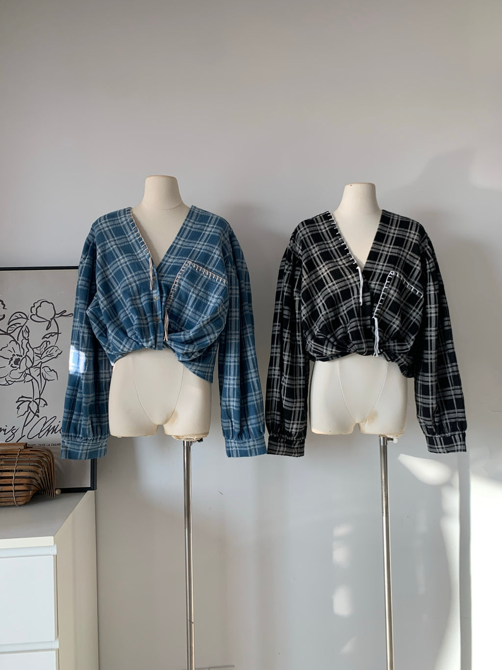 Women's Plaid Flannel Ruched Crop Blouse