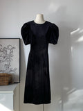 Women's Black Velvet Puff Sleeve Midi Dress