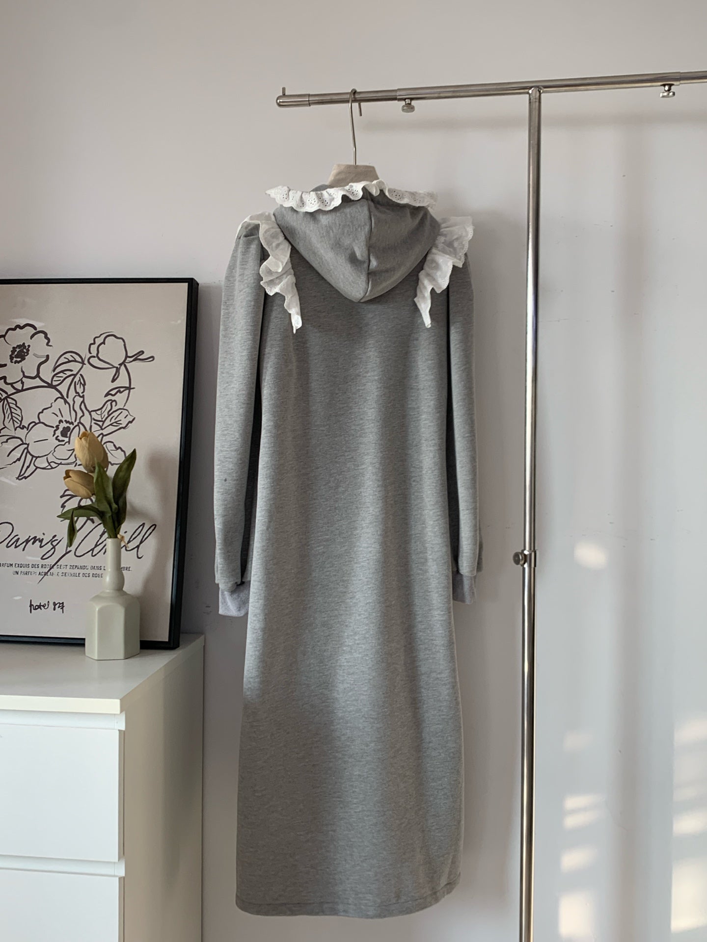 Women's Fleece-Lined Hooded Sweatshirt Dress with Lace Ruffle Trim