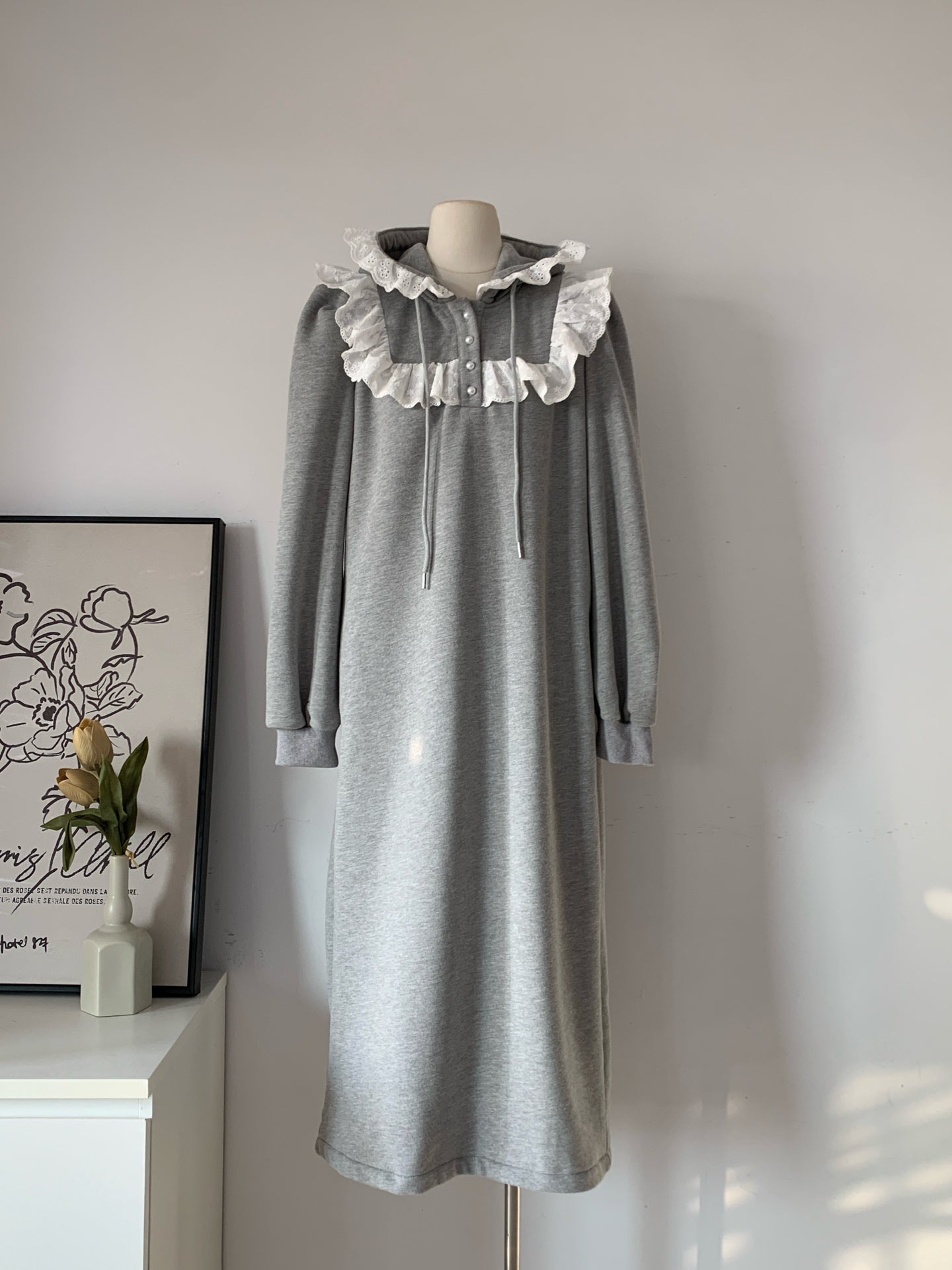 Women's Fleece-Lined Hooded Sweatshirt Dress with Lace Ruffle Trim